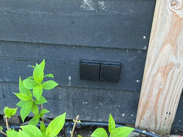 Detail van zwarte houten schutting met cederhouten staander naast bestrating en beplanting.